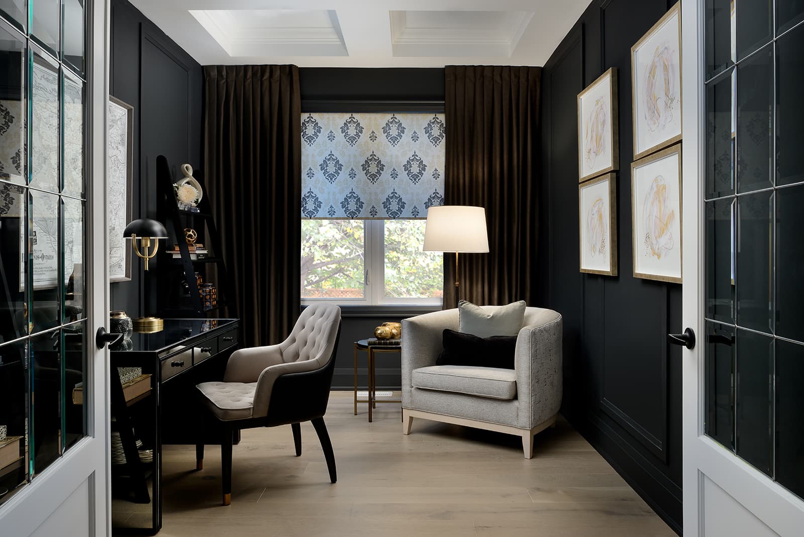 dark home office with black walls