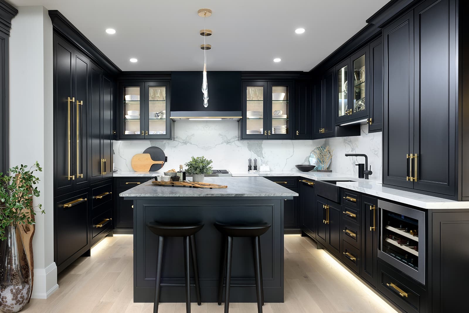 kitchen with island and gold handles