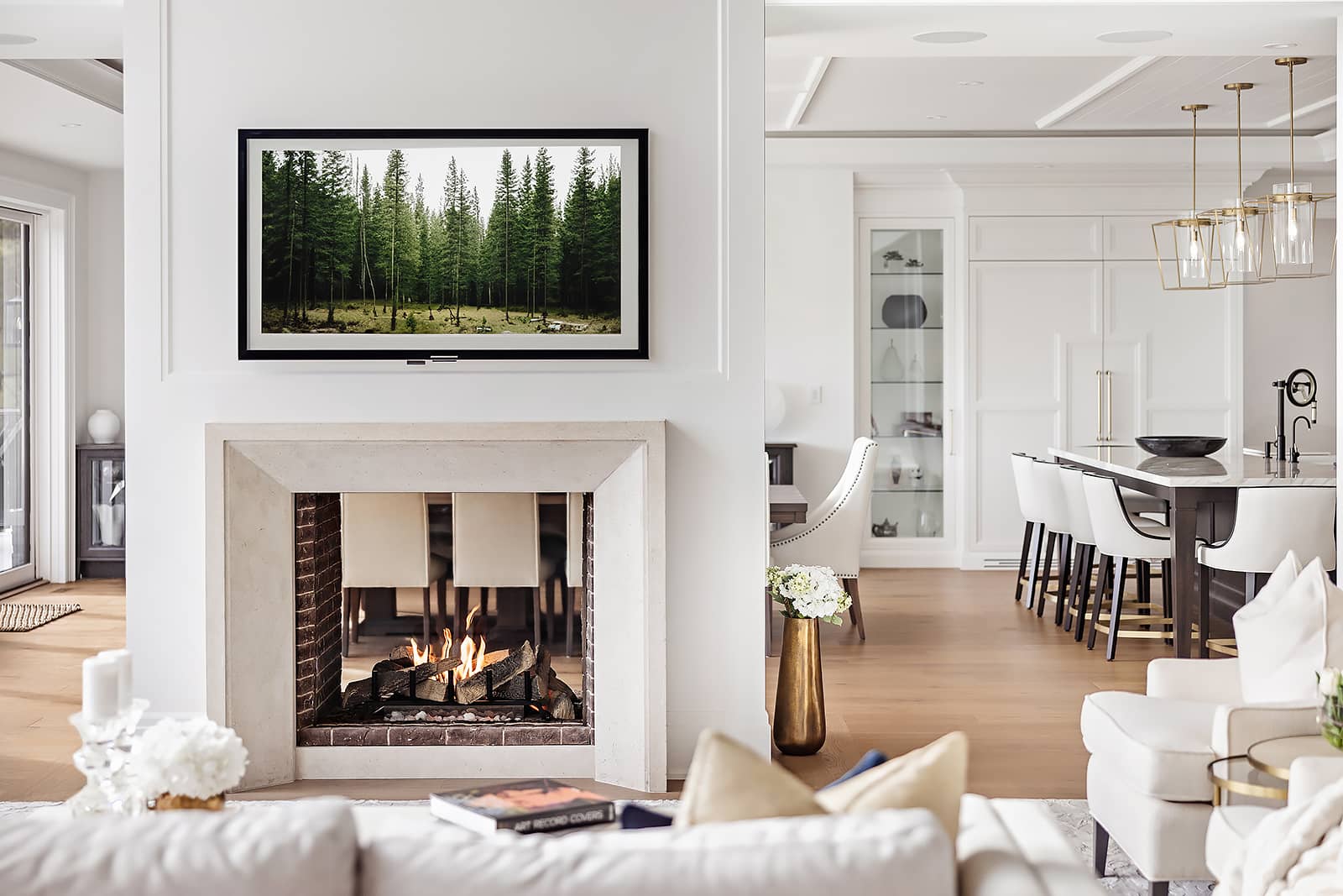 white fireplace two-sided gas